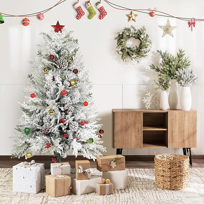 4FT Premium Artificial Christmas Tree, Snow Flocked Hinged Pine Tree w/800+ Snowflake Branches, Solid Metal Stand for Holiday Decoration Indoor Outdoor Use, Green