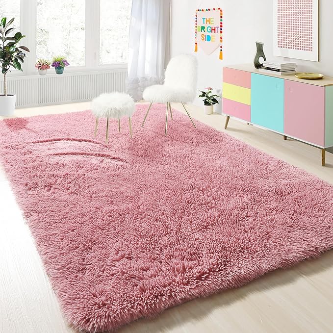 PAGISOFE Shaggy Fluffy Area Rugs Carpets for Girls Room Baby Nursery Teens Rooms 4x6 Feet Pink Plush Fuzzy Shag Rugs for Kids Bedroom Home Decor Aesthetic Coral Furry Rug, Blush