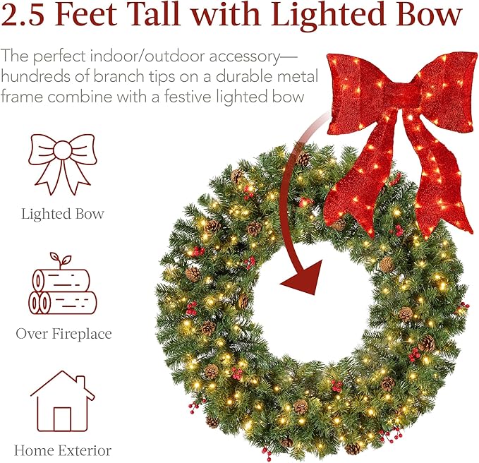 Best Choice Products 30in Pre-Lit Christmas Wreath w/Berries & Pinecones, Large Artificial Indoor/Outdoor Decor for Door, Mantel w/Red Bow, Plug-in