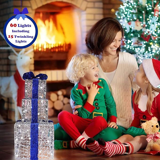 Lighted Gift Boxes Set of 3, Silver Boxes with Bow, Prelit 60 White Lights Present Box Lighted Display with Plug for Home Porch Outdoor Yard Christmas Decorations-Blue