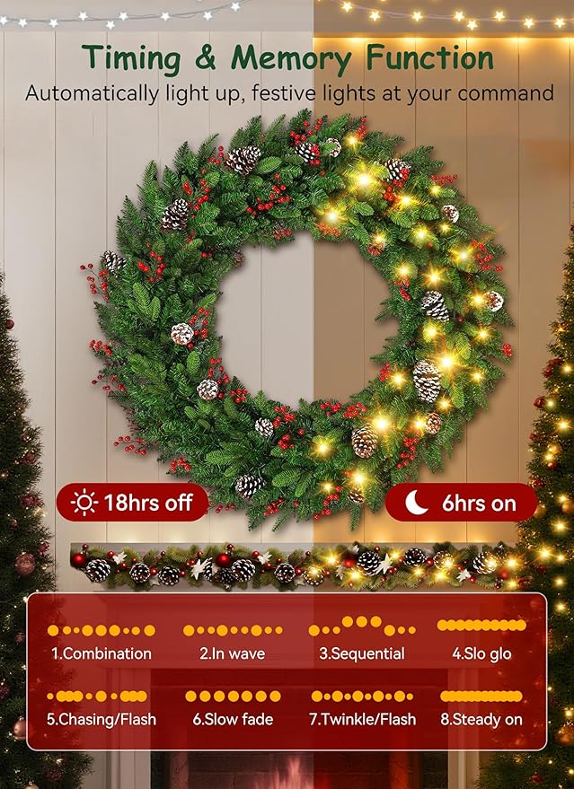 Brightown 48 Inch Large Pre-Lit Artificial Christmas Wreath,Outdoor Christmas Decorations with 200 LED Lights, Pine Cones & Berry Clusters,Outdoor Christmas Wreath for Door Wall Windows,Plug-in