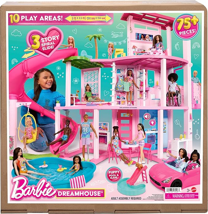 Barbie DreamHouse, Doll House Playset with 75+ Pieces Including Toy Furniture & 3-Story Pool Slide, Pet Elevator & Puppy Play Areas