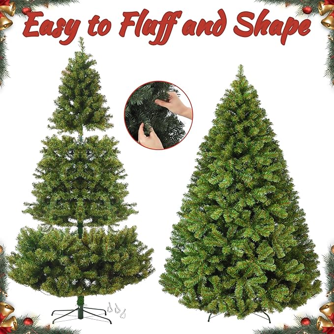 6FT Prelit Fluffy Noble Fir Artificial Christmas Tree with 500 Multicolor Lights& 9 Modes, Hinged Branches& 1400 Tips, Artificial Christmas Tree Includes Stand with Foot Switch for Holiday Home Decor