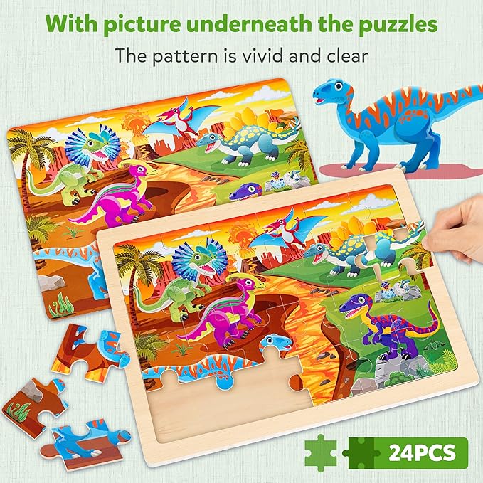 SYNARRY Large Wooden Dinosaur Puzzles for Toddlers 3-5, Wood Dino Puzzles for Kids Ages 4-6, Dinosaur Toys for Kids 3-5, Preschool Educational Children Learning Gifts for 3 4 5 Year Old Boys Girls