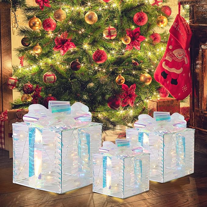 Christmas Light Gift Box Decorations, 3-Piece Set, Pre-Strung Wired Gifts with Bows, Illuminate Christmas Tree Skirt Decorations. Suitable for Indoor and Outdoor Use.（White）