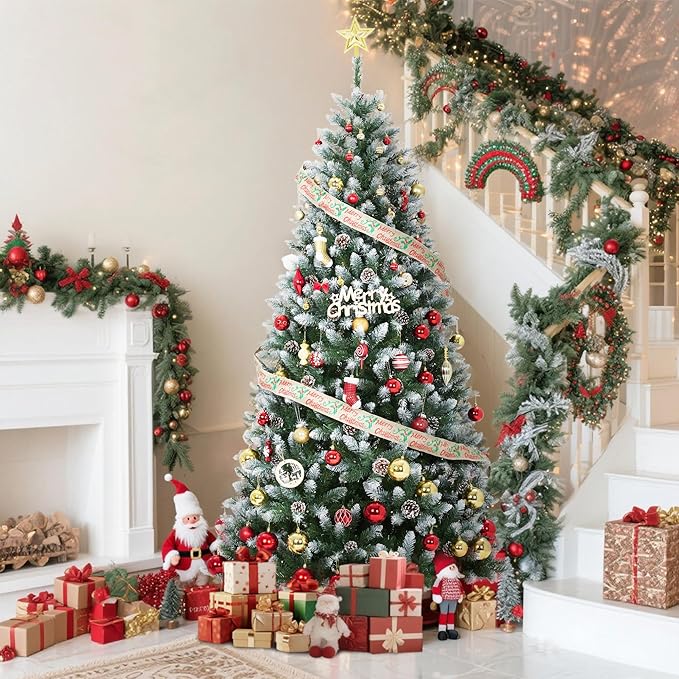 2025 Christmas Pre-Lit Pencil Tree 9FT with Lights, Automatic White Spray Artificial Xmas Tree with Pinecone, Decor for Christmas Holiday