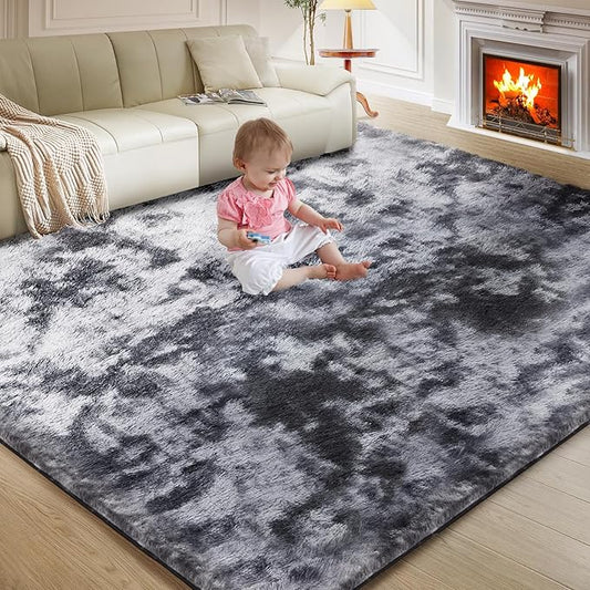 5X8 Ultra Soft Rug for Living Room, Fluffy Shag Area Rug for Bedroom, Modern Shaggy Carpets Fuzzy Rug for Teens Dorm Nursery Home Decor Aesthetic, Upgrade Anti-Skid Durable, Tie Dye Black and Grey