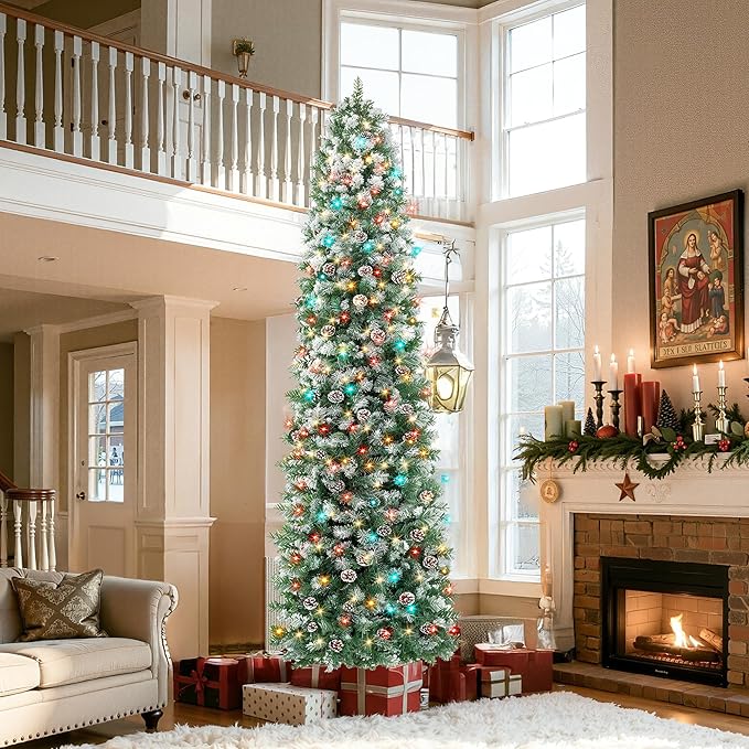 HOLLO STAR 9 ft Prelit Christmas Tree with 500 LED Lights, App Control, Slim Pencil Christmas Tree, Multi-Color RGBW Lights, 1426 Flocked Frosted Tips, Xmas Tree, 95 Pine Cones, for Home, Party