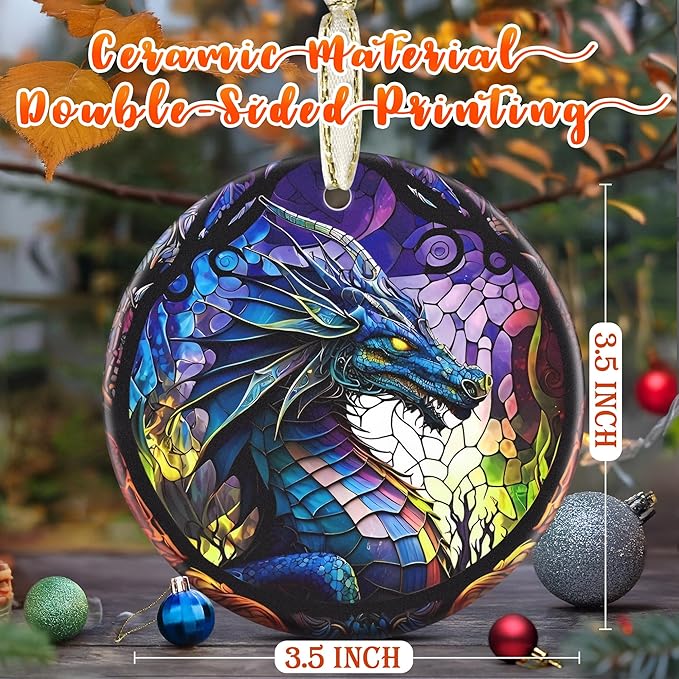 3.5 Inch Ceramic Christmas Tree Ornament, Dragon Christmas Ornaments, Heirloom Keepsake, Gift Exchange, Gift Idea, Bauble Present