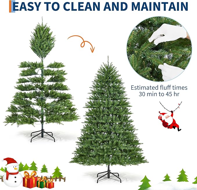 7.5FT Christmas Tree, Artificial Christmas Trees with 200 Lights, Prelit Christmas Tree with 8 Modes Lights, Foldable Stand, On/Off Foot Pedal, Holiday Decoration