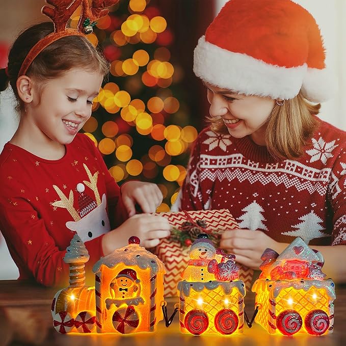 Christmas Table Decorations Indoor Train, Candy Cane Christmas Decorations for Tabletop, Xmas Pink Lighted Centerpieces Table Decorations for Home Outdoor, Xmas Train Decor Figurines