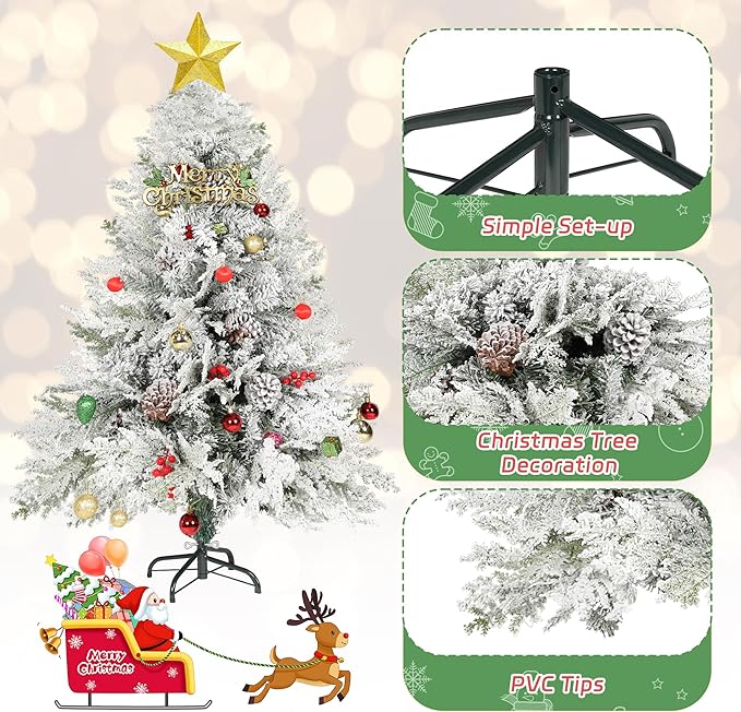 4FT Premium Artificial Christmas Tree, Snow Flocked Hinged Pine Tree w/800+ Snowflake Branches, Solid Metal Stand for Holiday Decoration Indoor Outdoor Use, Green