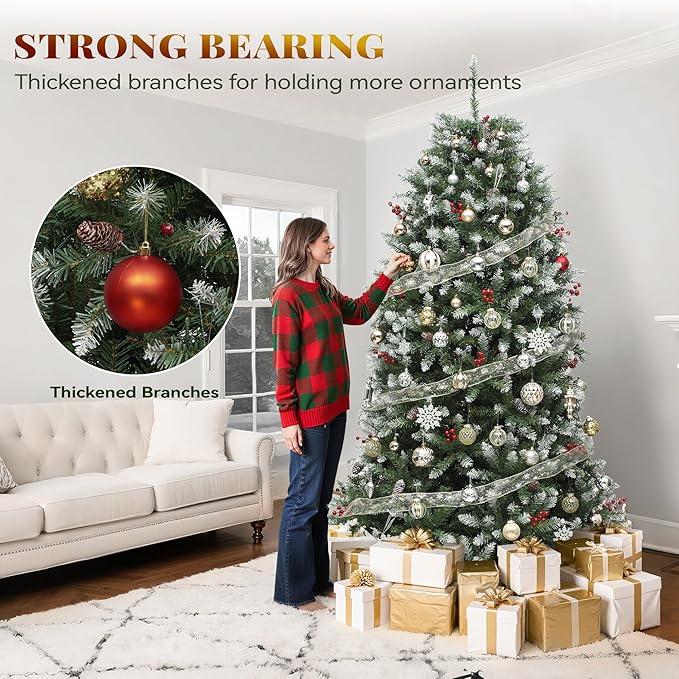 YITAHOME 6FT Prelit Frosted Green Artificial Christmas Tree with Remote, Pre-Decorated Christmas Tree w/ 1838 Tips, 80 Pine Cones & 80 Berries, 450 Warmwhite & Multi-Color Lights, 11 Modes, Green Bell