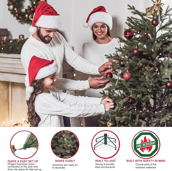 Puleo International 6.5ft Flocked Portland Pine Pencil Christmas Tree with 300 Clear Lights, 410 Realistic Dense Branch Tips, Easy Setup Artificial Trees with Sturdy Metal Stand