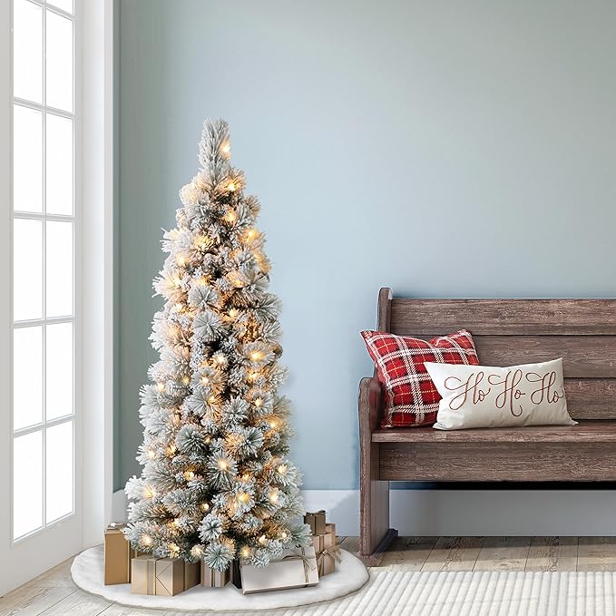 Puleo International 4.5ft Pre-Lit Flocked Portland Pine Pencil Christmas Tree with 100 Clear Lights, 195 Realistic Dense Branch Tips, Easy Setup Artificial Trees with Sturdy Metal Stand