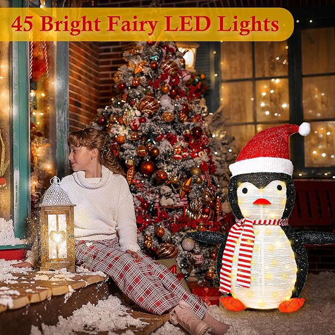 Penguin Christmas Decorations Outdoor, 28 Inch Collapsible Penguin Outside Christmas Decorations with 45 LED Lights, Light Up Xmas Yard Decorations, Lighted Porch Lawn Decor