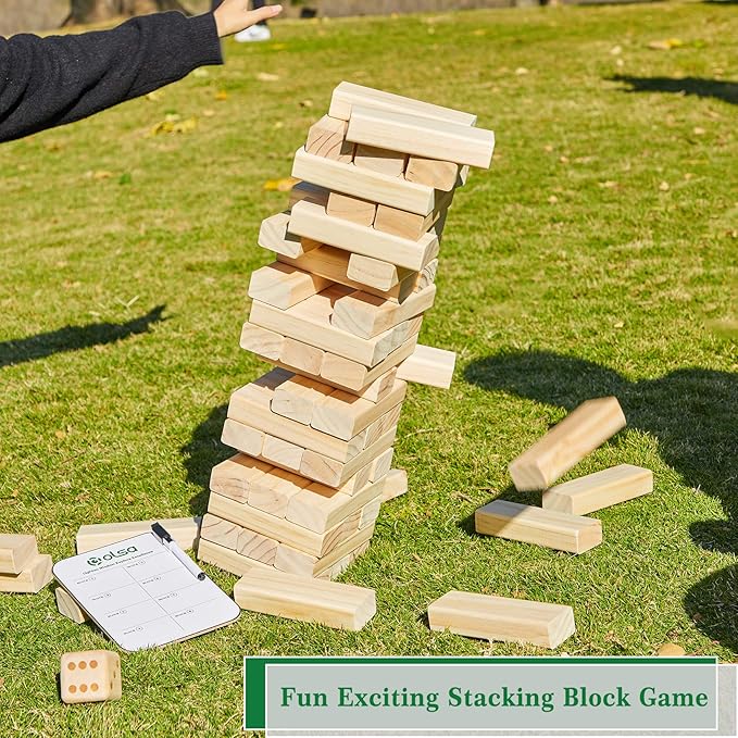 Olsa Giant Tumble Tower 60 PCS Wooden Block Stacking Games with Carrying Bag Classic Indoor & Outdoor Games for Kids Adults Family Backyard Lawn Beach Camping (Stack from 2.2 Ft to 5Ft)