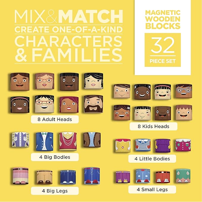 32-Piece Multiracial Magnetic Family Play Set – Wooden Diversity Building Blocks for Kids – SEL Toy Promoting Inclusion & Creative Learning