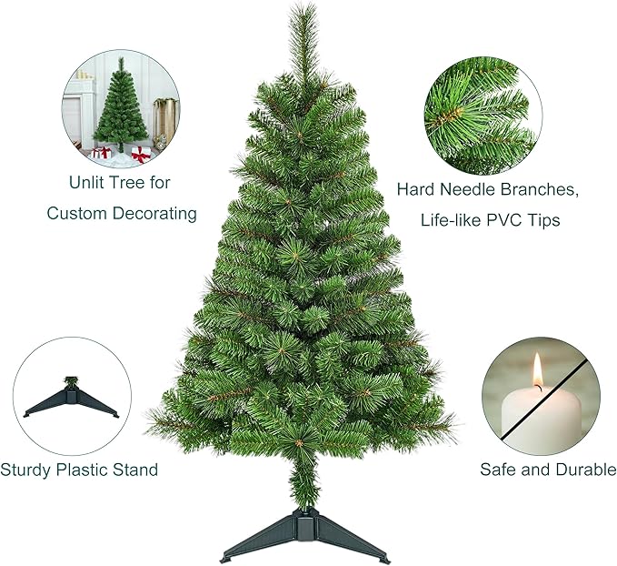 4FT Unlit Artificial Christmas Tree with Hard Needle and PVC Branches, Full Shape, Plastic Stand, Indoor Holiday Decoration