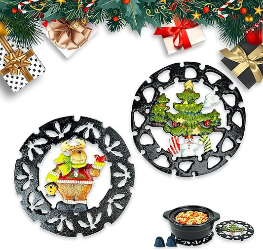 2 Pack Christmas Metal Trivets, Reindeer & Snowman Cast Iron Trivet for Hot Dishes, 7 Inch Heat Resistant Decorative Trivets, Kitchen Gift for Christmas