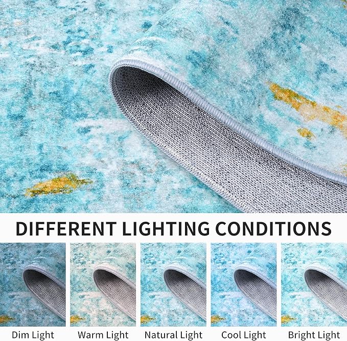 Ompaa Living Room Rug 6x9 Teal Blue Area Rug Machine Washable Boho Rug Non Slip Abstract Vintage Indoor Large Rugs for Bedroom, Classroom, College Dorm, Farmhouse, Dining Room, Kids Playroom