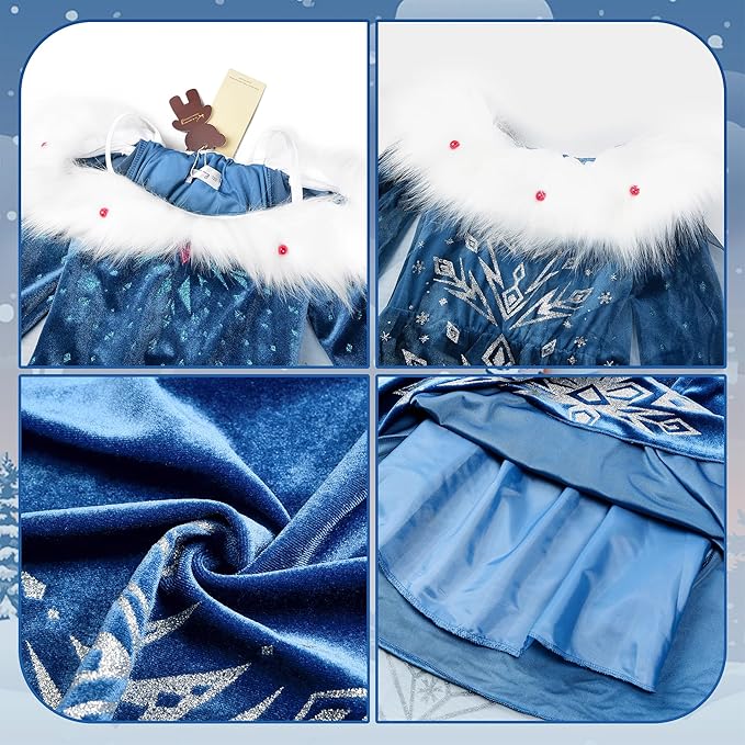 Princess Costume for Girls Halloween Dress Snow Cosplay Christmas Birthday Party Dress Up Outfit Blue