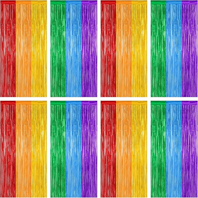 8 Pack Rainbow Backdrop, 3.28 FT x 7.05 FT Backdrop Curtains, Metallic Fringe Curtains Tinsel Bakdrop Party Streamer, Wedding Decor Rainbow Party Decorations Pride Photo Booth Props