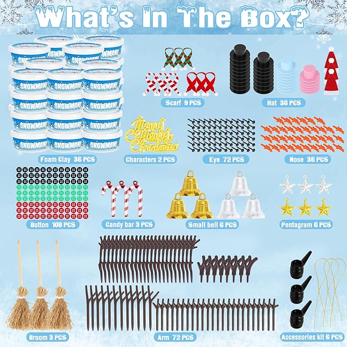 36 Pack Build a Snowman Kit, Snowman Kit Inspiring DIY Crafts for Kids, Creative Air Dry Clay Modeling Snowman Craft, Enhance Creativity Christmas Gifts for Kids, Winter School Xmas Creative Supplies