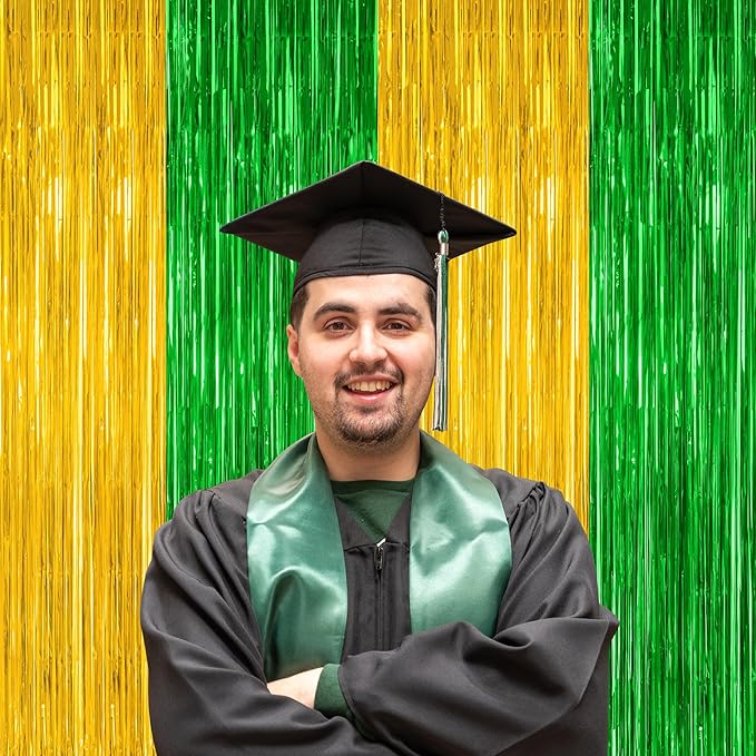 2 Pack Graduation Backdrop, Large Grad Decor 2025, Green Gold Graduation Photo Backdrop Fringe Curtains Party Streamer, Metallic Green and Gold Grad Decorations Class of 2025