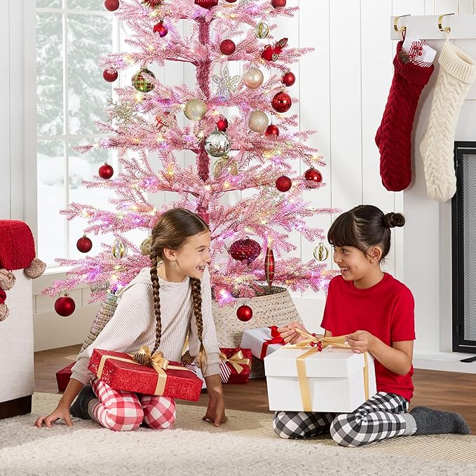 Best Choice Products Pre-Lit Sparse Christmas Tree 6ft Artificial Flocked Pine Holiday Décor Aspen Noble Fir White & Multicolor LED Lights- Pink