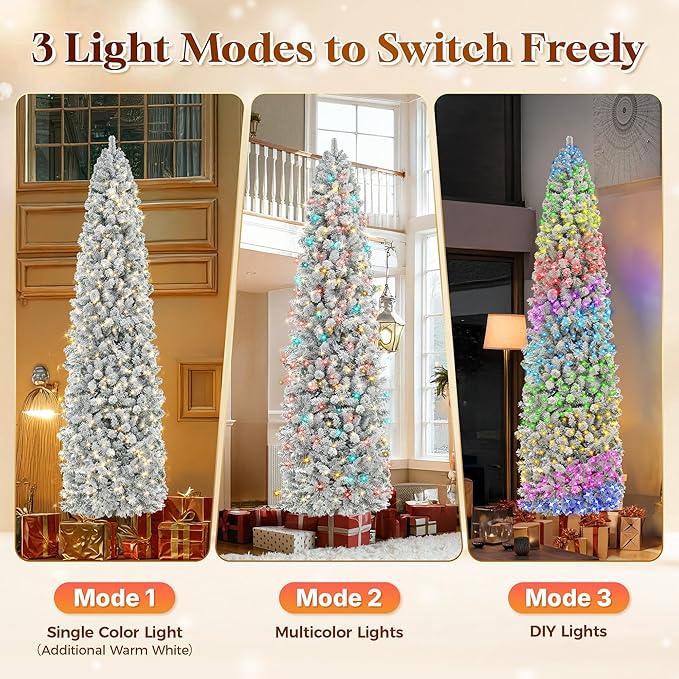 HOLLO STAR 9 ft Flocked Prelit Christmas Tree with 546 LED Lights, App Control, Skinny Artificial Pencil Christmas Tree, Multi-Color RGBW Lights, 1294 Branch Tips, for Small Space, Home, Party