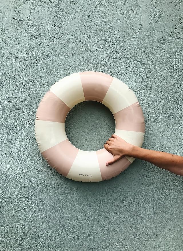 Petites-Pommes Donut Pool Float for Kids & Toddlers - Durable Inner Tube, Handprinted Classic Striped Design Swimming Tube, Soft Comfort Seaming, Packable Floats for Travel, Baby Pink, 24 inch