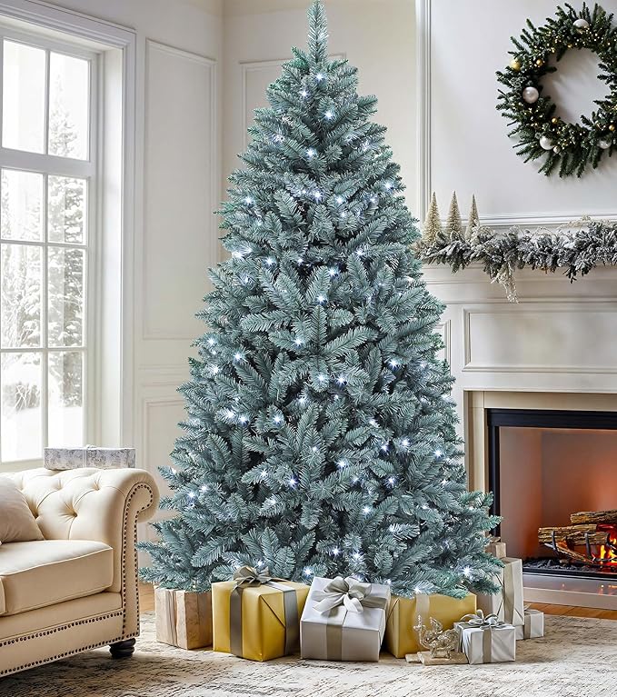 DWVO Prelit Christmas Tree 6ft, Colorado Blue Spruce Atificial Christmas Tree with 450 Cold LED Lights Includes Metal Stand, Green Full Xmas Trees with 880 Metal Hinged Branch Tips, for Home Party