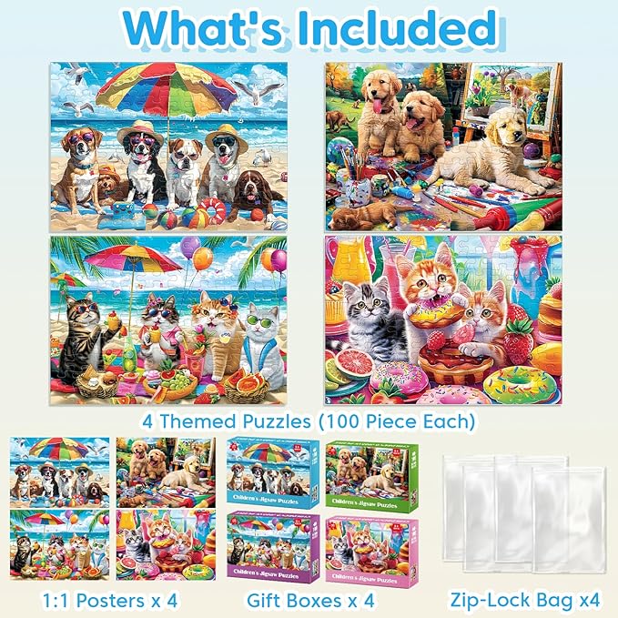 100 Piece Puzzles for Kids Ages 4-6 - Cats & Dogs Party Jigsaw Puzzles - Cute Puzzles for Kids Ages 8-10 Kids Puzzles Ages 5-8 Educational Search & Find Toy Preschool Puzzles 4-Pack 15"x11"