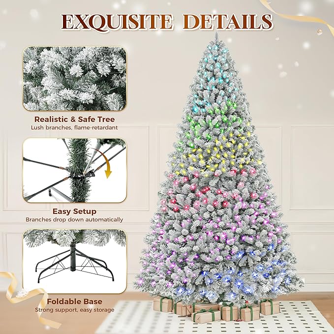 HOLLO STAR 12 ft Flocked Prelit Christmas Tree with 1097 LED Lights, App Control, Artificial Christmas Tree, Multi-Color RGBW Lights, 4000 Branch Tips, Snow Xmas Tree, for Villa, Mall, Party