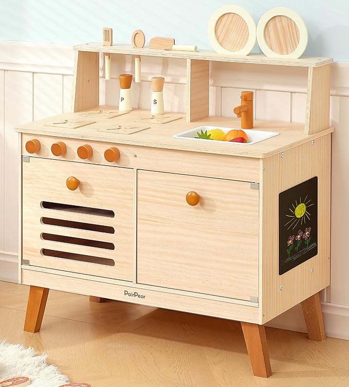 PairPear Play Kitchen Set for Kids, Wooden Toy Kitchen with Accessories & Play Food, Natural Wood Kids Kitchen for Imaginative Cooking & DIY Crafting - Ideal Gift for Toddlers Age 3+