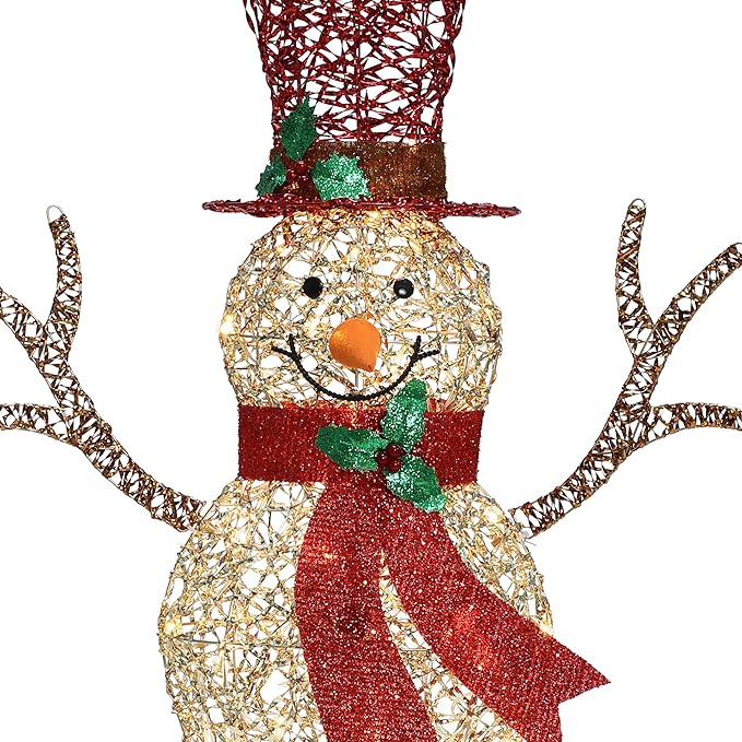 LuxenHome 4FT Lighted Snowman Outdoor Christmas Decorations, Gold Light Up Snowman Christmas Decor with 70 LED Light, Red Scarf & Hat, Xmas Decorations Outdoor, Indoor for Porch, Lawn Holiday Display