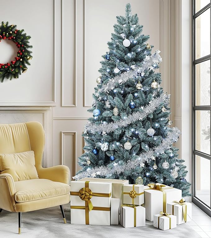 DWVO Prelit Christmas Tree 6ft, Colorado Blue Spruce Atificial Christmas Tree with 450 Cold LED Lights Includes Metal Stand, Green Full Xmas Trees with 880 Metal Hinged Branch Tips, for Home Party