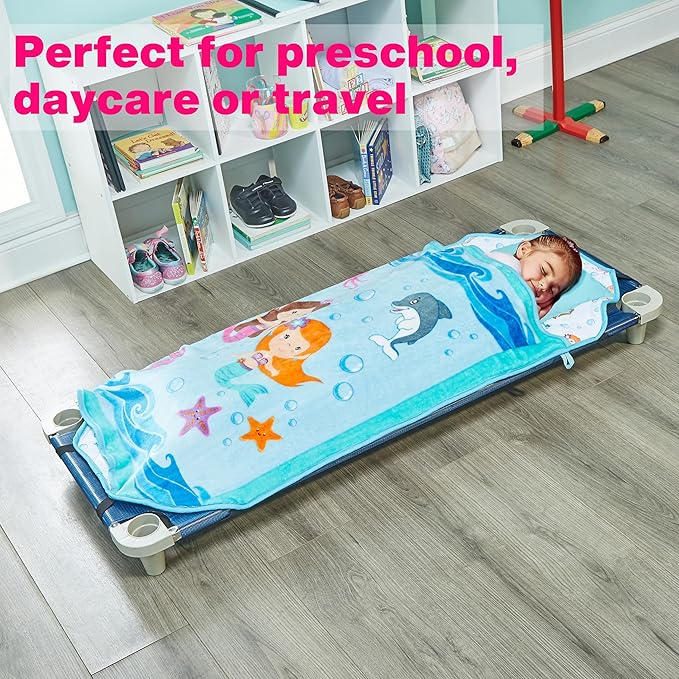 EVERYDAY KIDS Cute Preschooler and Toddler Cot Nap Mat for Home, Daycare, Preschool and Kindergarten; Easy to Roll Sleeping Mat with Elastic Straps, Pillow and Blanket