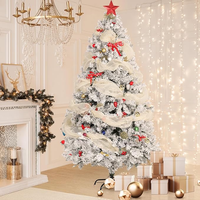 7FT Premium Artificial Christmas Tree, Snow Flocked Hinged Pine Tree with Solid Metal Stand for Outdoor and Indoor Holiday Decor