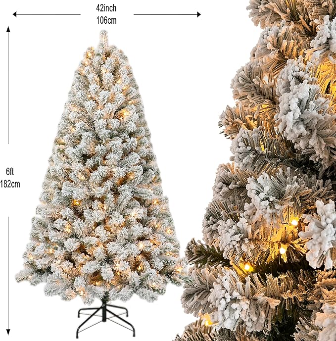 6ft Pre-lit Flocked Elwood Pine Christmas Tree with 717 Branch Tips, 300 Radiant Warm White LED Lights - Captivating Realism and Enchanting Holiday Aura