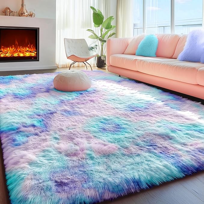 PAGISOFE Machine Washable Rainbow Runner Rugs for Girls Bedroom Hallway Plush Fluffy Purple Rug 3x5 Ft,Soft Carpet for Living Room, Non-Slip Indoor Floor Rugs for Nursery Kids Girls Room Home Decor