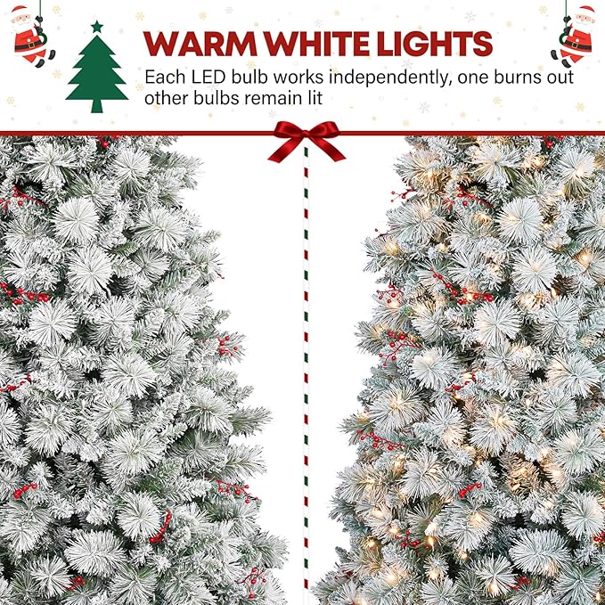 6 ft Lighted Snow Flocked Christmas Tree, 250 Warm White Lights, Artificial Christmas Tree with 1032 Frosted Branch Tips, Metal Stand and Hinged Branches for Indoor Decor