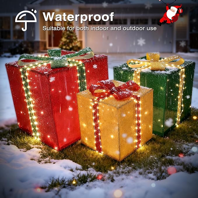 4.9FT Set of 3 Large Christmas Lighted Gift Boxes - 131 LEDs Pre Lit Presents Christmas Boxes Tower with Different Sizes for Holiday Indoor Outdoor Decoration (23.6+19.7+15.7 Inch)