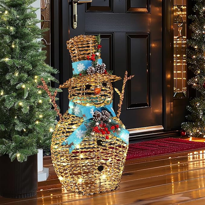 LuxenHome 2FT Lighted Snowman Outdoor Christmas Decorations, Battery Operated Gold Ribbon Snowman Christmas Decor with 41 LED Light, Blue Scarf & Hat, Xmas Decorations Outdoor Holiday Display