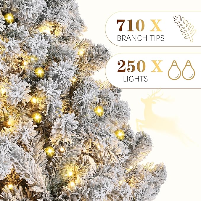 6 ft Christmas Tree, Christmas Decorations with 250 Lights, Pre-lit Artificial Christmas Tree with 710 Snowy White PVC Branches, Flodable Metal Stand＆Easy Assembly