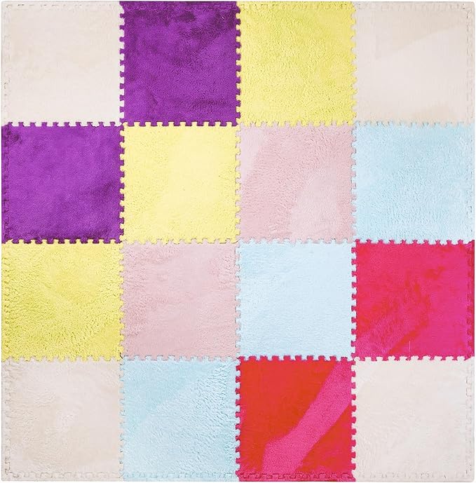 16 Piece Carpet Squares Puzzle Mat 49" x 49" Plush Interlocking Carpet Tiles, Foam Floor Tiles for Baby Play Mat - Kids Soft Play Mats Anti Slip Jigsaw Flooring Playmat Playroom Rug (Multi-Color)