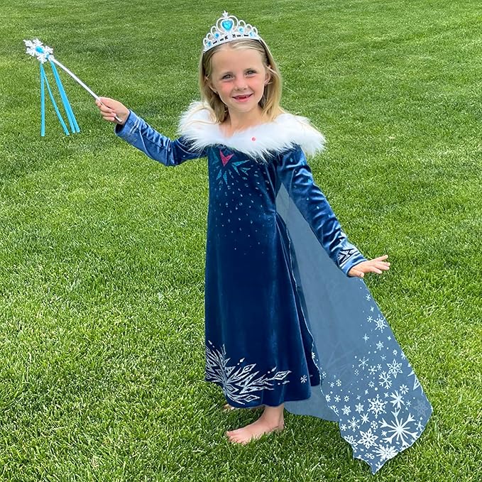 Princess Costume for Girls Halloween Dress Snow Cosplay Christmas Birthday Party Dress Up Outfit Blue