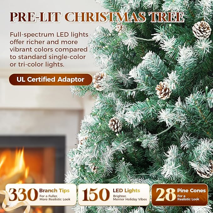 HOLLO STAR 4.5 ft Prelit Christmas Tree with 150 LED Lights, App Control, Artificial Christmas Tree, Multi-Color RGBW Lights, 330 Flocked Frosted Tips, 28 Pine Cones, Metal Base, for Home, Party