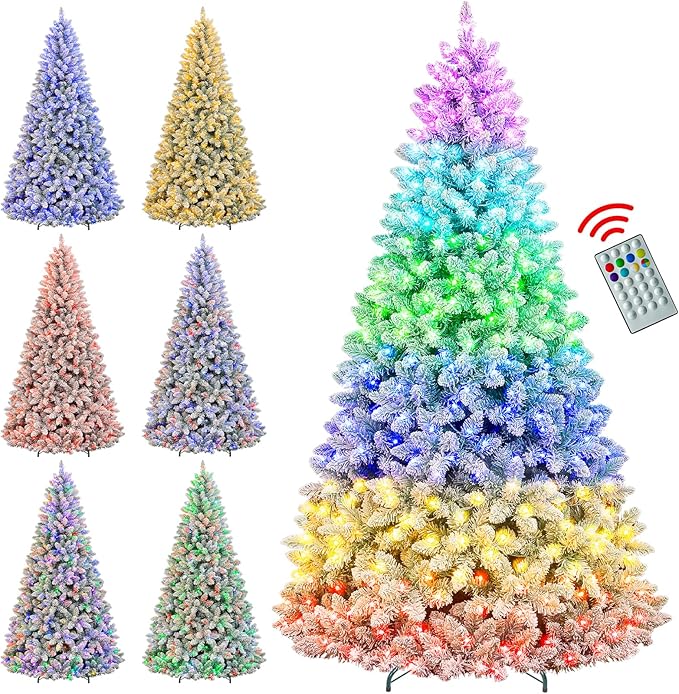 Hykolity 6ft Pre-lit Flocked Christmas Tree with Remote Control, 250 Multi-Color RGB Lights,1032 PVC Branch Tips, 15 Mode Artificial Hinged Christmas Tree for Home